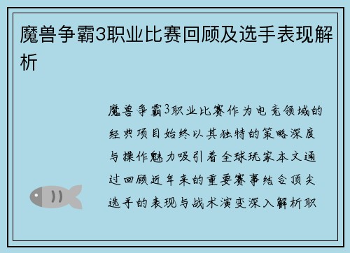 魔兽争霸3职业比赛回顾及选手表现解析