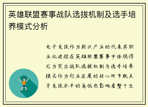 英雄联盟赛事战队选拔机制及选手培养模式分析