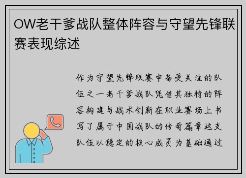 OW老干爹战队整体阵容与守望先锋联赛表现综述