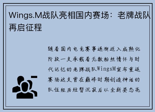 Wings.M战队亮相国内赛场：老牌战队再启征程